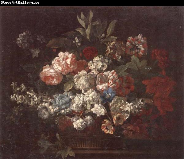 unknow artist Still life of various flowers,in a wicker basket,upon a stone ledge